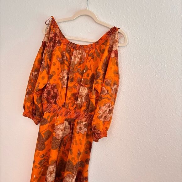 ANTHROPOLOGIE Moulinette Soeurs Fall Orange Floral Cold Shoulder SILK Dress 6P - Picture 6 of 7